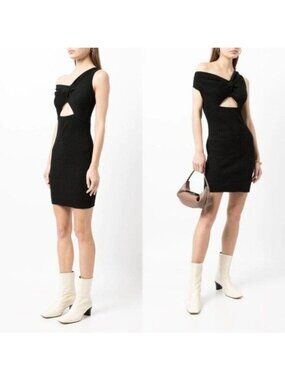 NWT Anna Quan Zali Ribbed Cutout Mini Sweater Dress 10 Raven One Shoulder